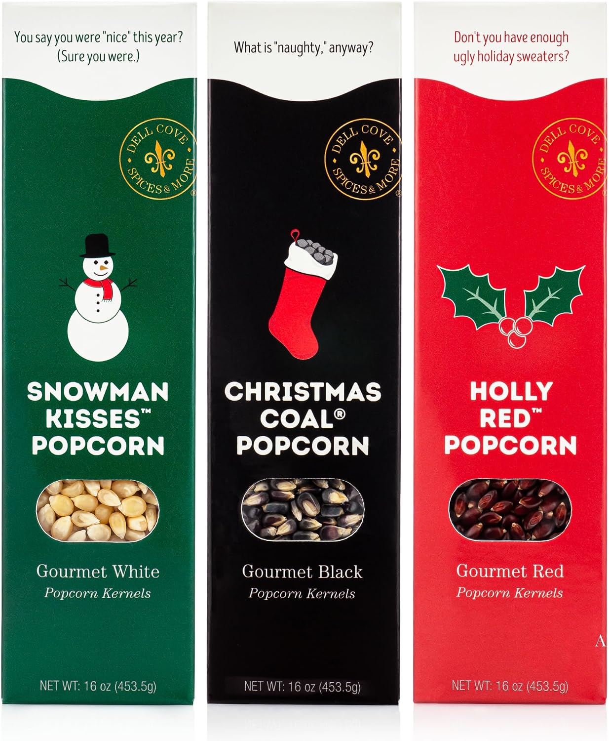 Dell Cove Spices Christmas Popcorn Trio Gift Box | Set of 3 Gourmet X-Mas Kernels | Stocking Stuffer and Unique Holiday Gifts