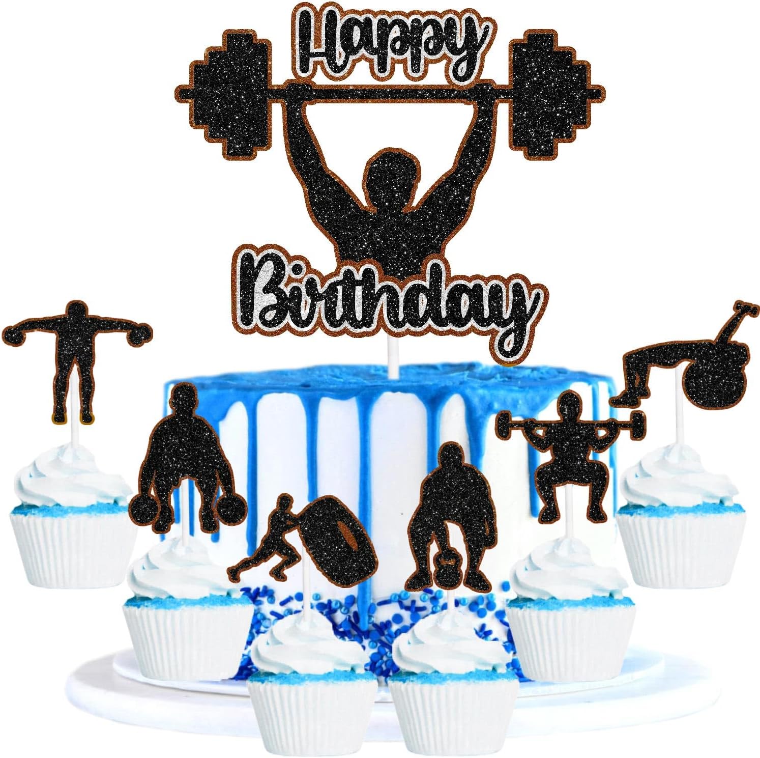 7 PCS Gym Party Cake Toppers - Fitness Party Theme or Bodybuilder Birthday Party Weight Lifting Decoration