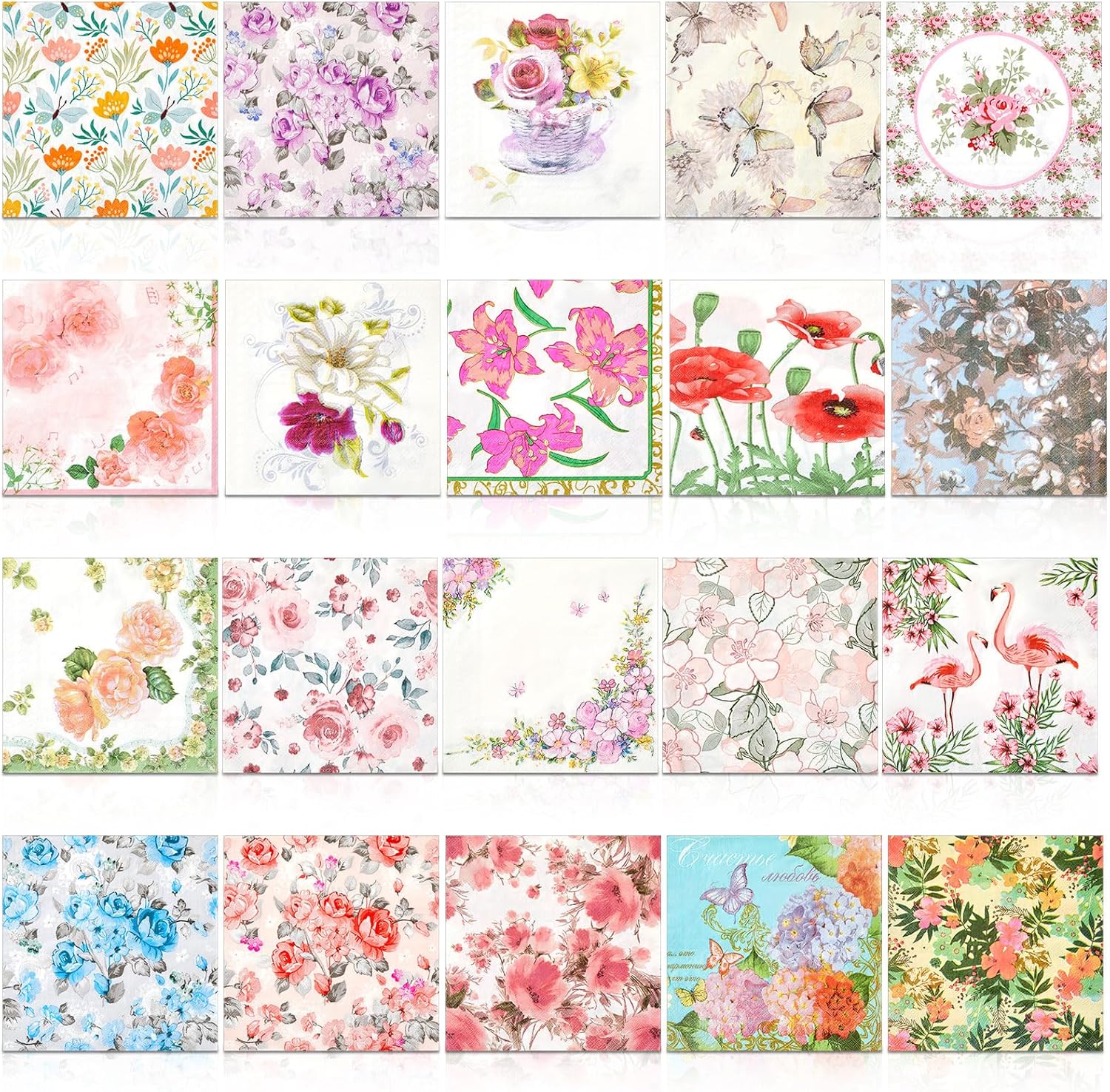 Crtiin 20 Pack Decoupage Napkins Floral Napkins Flower Cocktail Paper Decorative Toilet for Valentine's Day Birthday Party Beautiful Gorgeous, 20 Styles Each 6.5 Inches(Style 3)