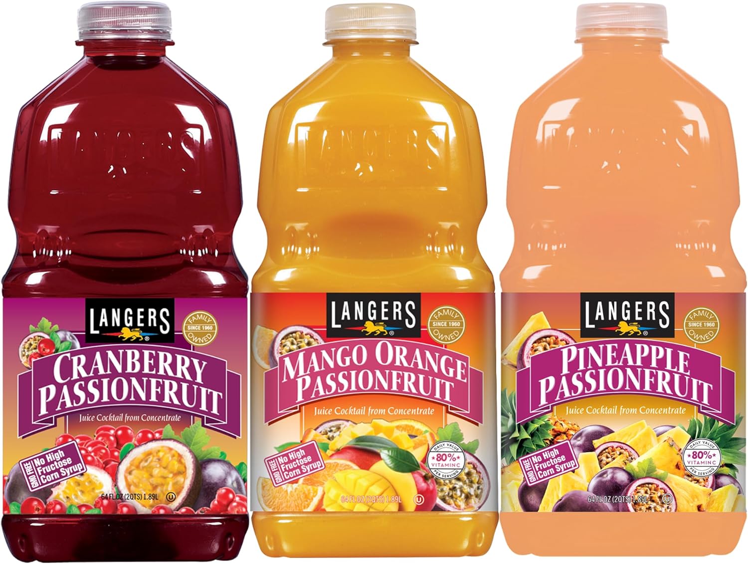 Langers Juice Variety Pack, Cranberry Passionfruit, Mango Passionfruit, Pineapple Passionfruit, 64 fl oz (Pack of 3)