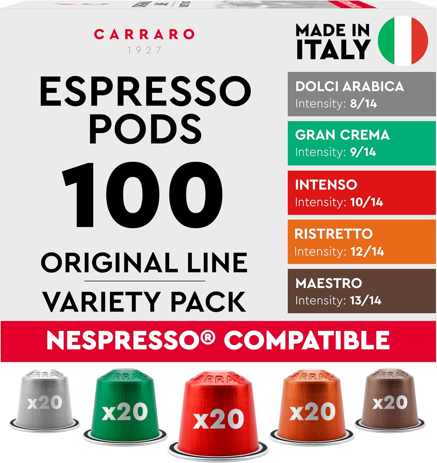 CARRARO 1927 New Variety Pack Espresso Capsules - 100 Aluminium Espresso Pods Compatible with Nespresso Original line Machines, Medium and Dark Roast, Made in Italy