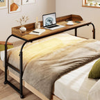 Over Bed Desk with Wheels Adjustable Height, King Size Overbed Table with LDE Lights and Human Sensor, Overbed Laptop Desk with Charging Station, Brown