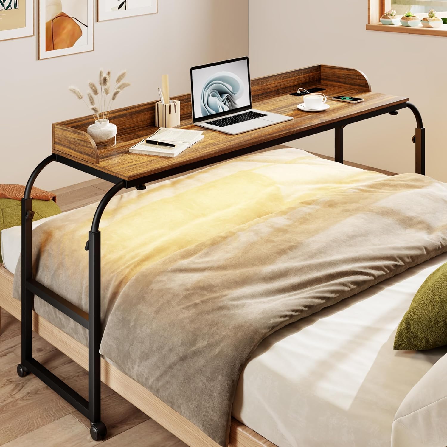 Over Bed Desk with Wheels Adjustable Height, King Size Overbed Table with LDE Lights and Human Sensor, Overbed Laptop Desk with Charging Station, Brown