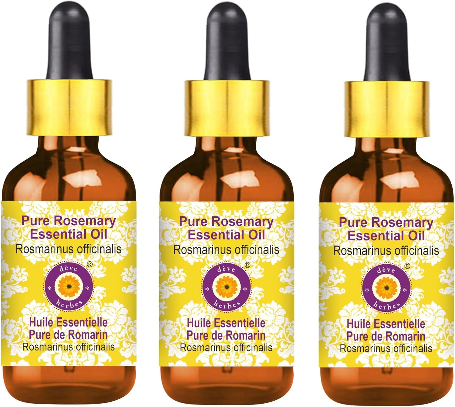 Deve Herbes Pure Rosemary Essential Oil (Rosmarinus officinalis) with Glass Dropper Steam Distilled (Pack of Three) 100ml X 3 (10 oz)