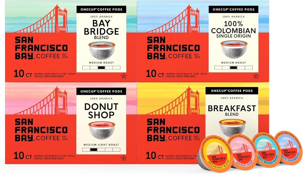 San Francisco Bay K-Cup Coffee Pods Medium Roast Variety Pack (40 ct), Includes 100% Colombian, Donut Shop, Breakfast Blend, & Organic Rainforest Blend, Commercially Compostable Single-Serve Coffee Pods