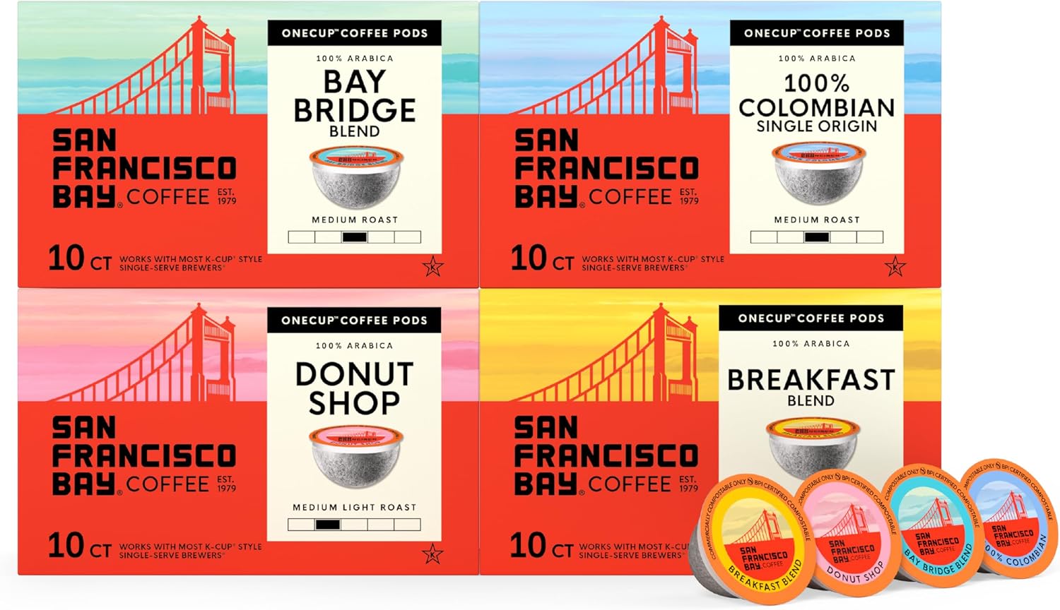 San Francisco Bay K-Cup Coffee Pods Medium Roast Variety Pack (40 ct), Includes 100% Colombian, Donut Shop, Breakfast Blend, & Organic Rainforest Blend, Commercially Compostable Single-Serve Coffee Pods