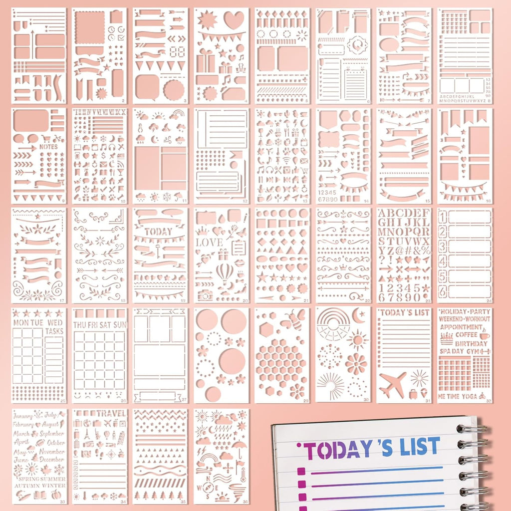 36 Pcs Journal Stencils, Planner Stencils for Journaling Scrapbook Notebook Diary, Scrapbooking Supplie Washable Durable