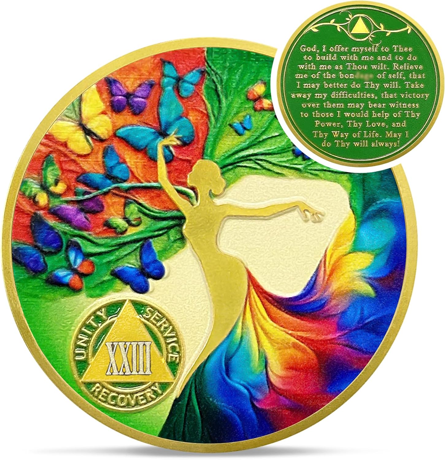 Artsy 23 Year Sobriety Coin - Colorful Butterfly Tree of Life AA Coins - Recovery Addiction NA AA Chips and Medallions - 1-30 Years Clean Narcotics Alcoholics Anonymous Gifts for Women Men