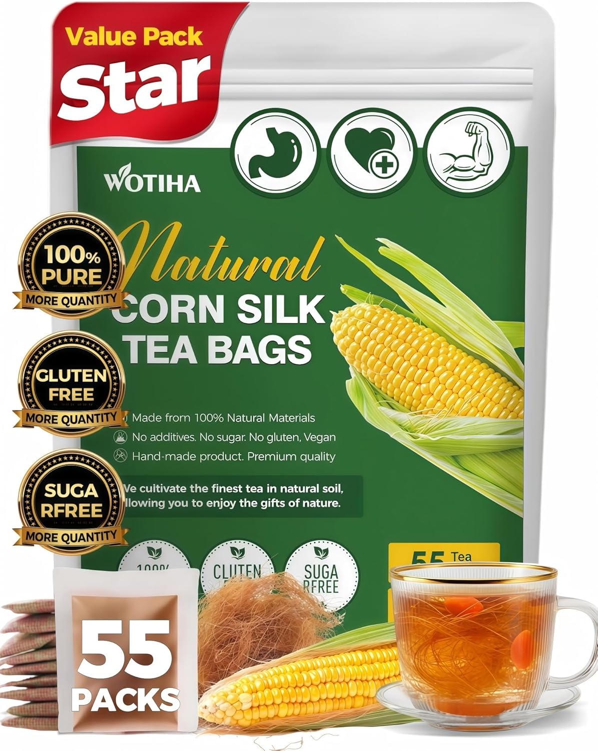 WOTIHA 55 Count Premium Corn Silk Tea Bags - 100% Natural Korean Corn Silk, Promotes Kidney Health, Mild Sweetness,Non-GMO Caffeine-Free, Additive-Free, Sugar-Free, Vegan