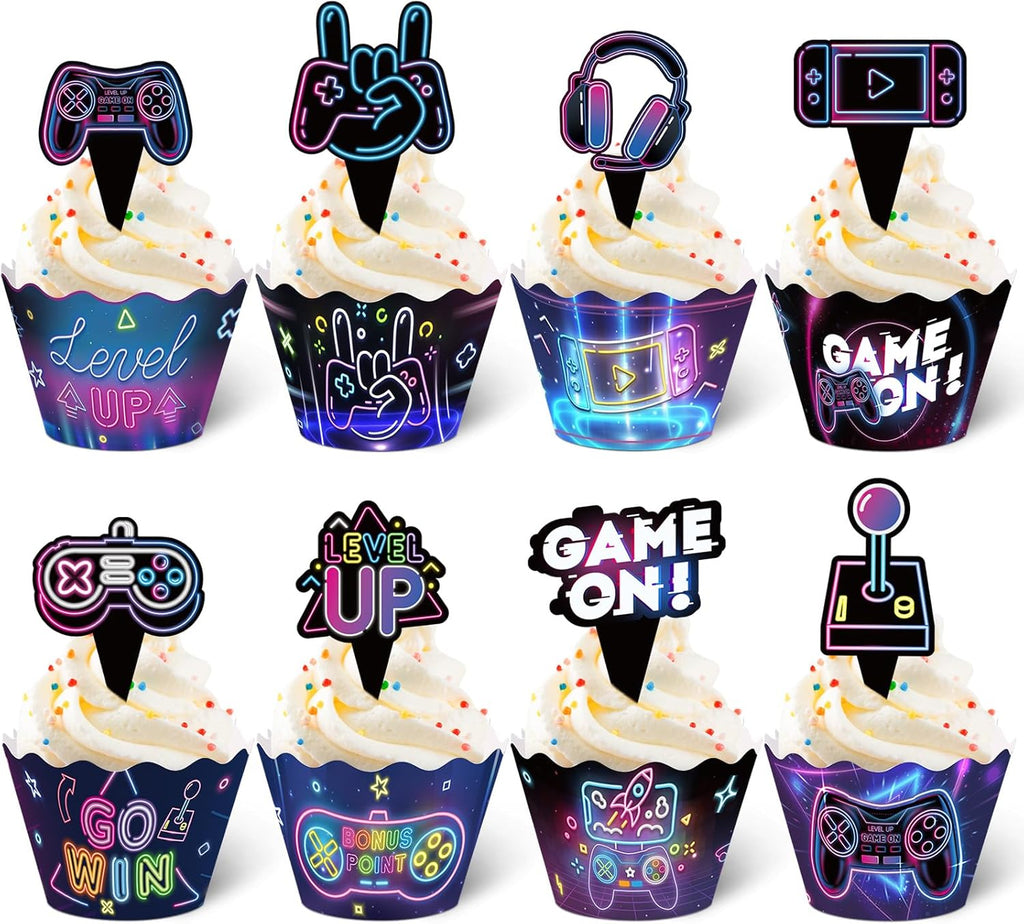 Nuenen 96 Pcs Video Game Cupcake Topper Decoration Gaming Game on Controllers Cupcake Picks Gamepad Cake Decorations for Boys Gamer Birthday Anniversary Party (Neon)