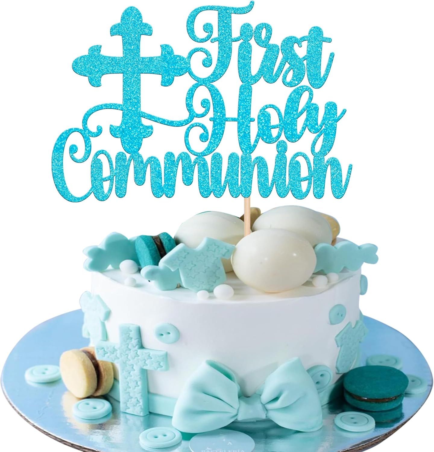 Rsstarxi 1 Pack First Holy Communion Cake Topper Boy Christian Baptism Religious God Bless Cross Cake Pick for Baptism Baby Shower First 1st Communion Party Cake Decorations Blue