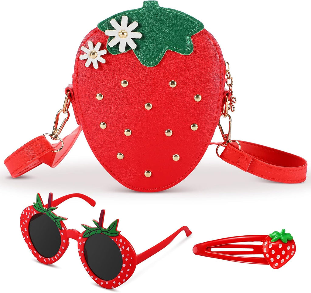 Halfchet 3 Pcs Strawberry Purse for Girls Strawberry Accessories Set Included Fruit Shaped with Rivets Sunglasses Hair Clip Birthday Gifts for Women Stuffs Fruit Accessories(Red)
