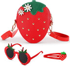 Halfchet 3 Pcs Strawberry Purse for Girls Strawberry Accessories Set Included Fruit Shaped with Rivets Sunglasses Hair Clip Birthday Gifts for Women Stuffs Fruit Accessories(Red)