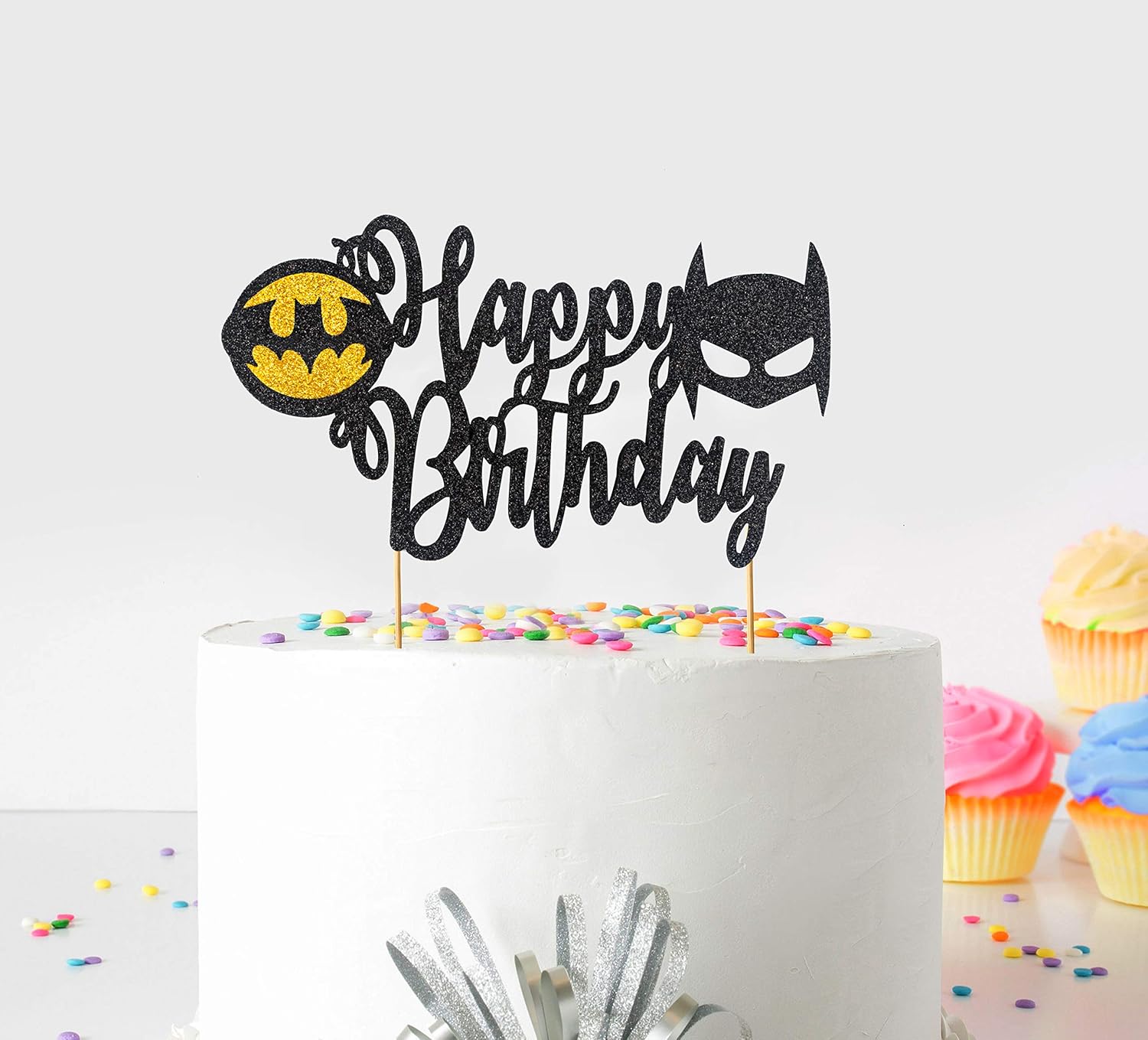 Btman Happy Birthday Cake Topper – Suprhero Party Decoration for Birthday, Celebration, or Event – Gotham City Theme Cake Decor – Reusable Acrylic Btman Cake Topper for Party Tables and Cakes
