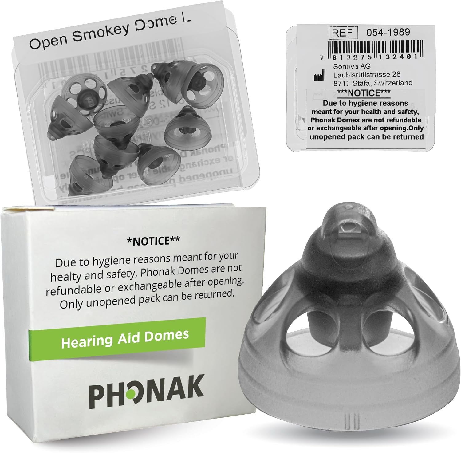 Phonak Open Smokey Dome Large (0.39 inch=10mm) 10 Domes, Genuine OEM Switzerland Replacement by Sonova, Hearing Aid Domes for Standard 2 Pin Receiver Accessories -1 Pack/10 Domes Total