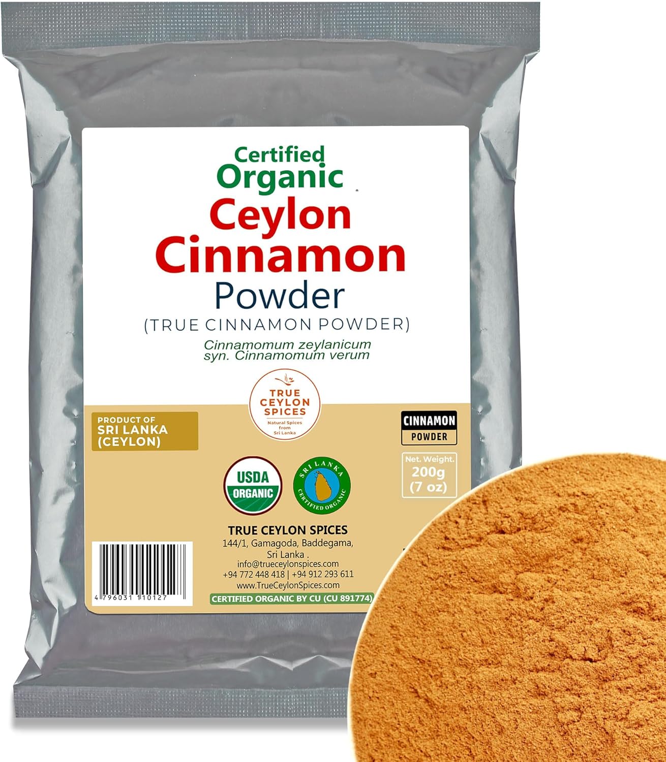 True Ceylon Cinnamon Powder Organic Raw Bulk from Sri Lankan Farmer, USDA Certified, 200g (7 oz) Gluten Free, Keto Friendly, Fresh Crop Pure Ground Cinnamon, Canela de Ceylan, Directly from Sri Lanka