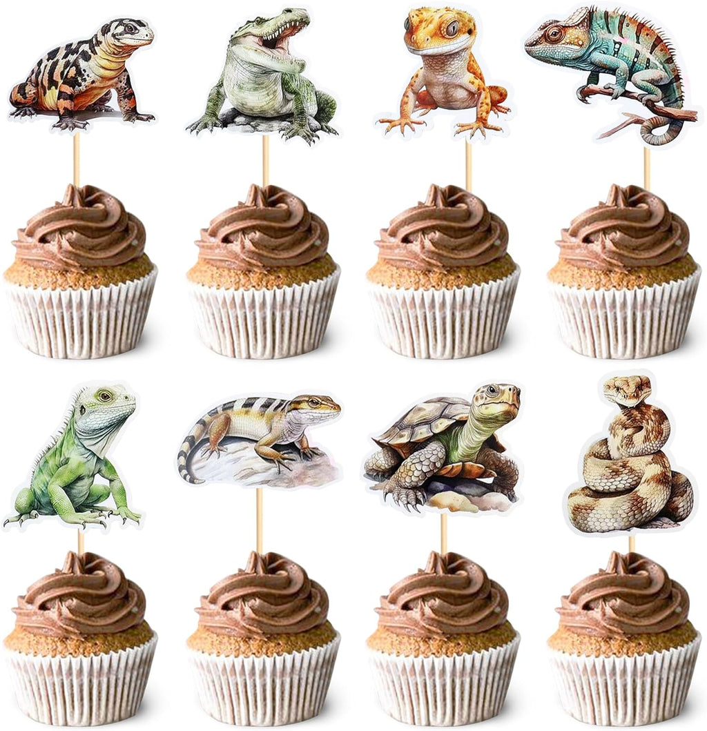 Ercadio 32 Pcs Reptiles Cupcake Toppers Chameleon Lizard Snake Alligator Turtle Cupcake Pick Decorations for Reptiles Theme Baby Shower Birthday Party Cake Decorations Supplies