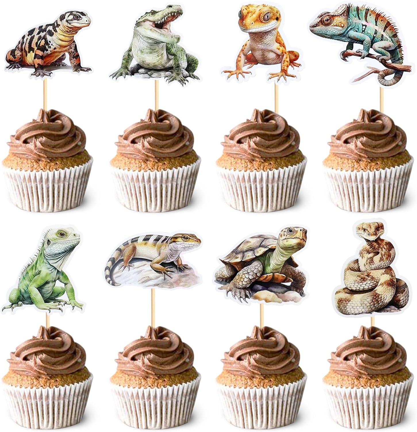 Ercadio 32 Pcs Reptiles Cupcake Toppers Chameleon Lizard Snake Alligator Turtle Cupcake Pick Decorations for Reptiles Theme Baby Shower Birthday Party Cake Decorations Supplies