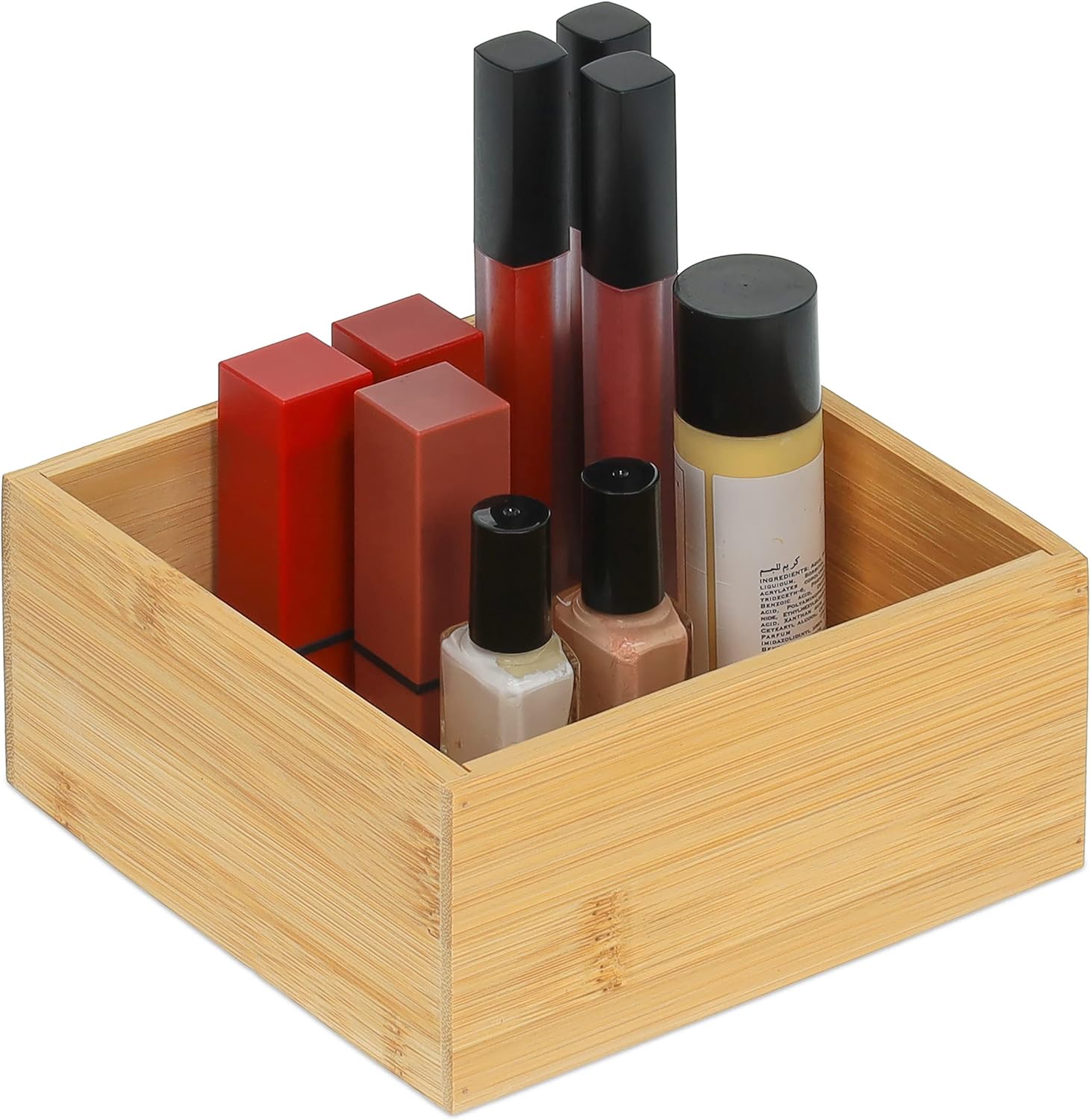 Relaxdays Bamboo Organiser Box, Flat Storage Box without Lid, HBT 7 x 15 x 15 cm, Bamboo Box Kitchen, Bathroom, Office, Natural