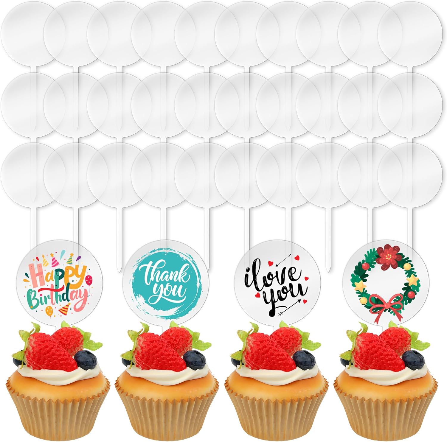 Blank Acrylic Cupcake Toppers, 50 Packs Round Cupcake Topper with Sticks, DIY Dessert Table Cupcake Signs, Suitable for Birthdays, Weddings, Christmas, Baby Showers Cake Decoration