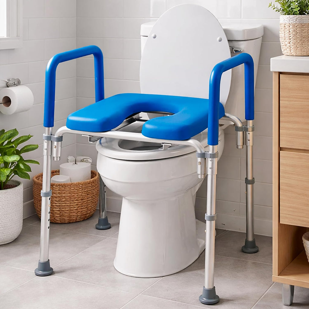 Ultimate Raised Toilet Seat with Handles - Adjustable Raised Toilet Seat for Seniors, Bedside Commode - Padded Armrest | Premium Elevated Toilets Seats with Handles for Elderly Bathroom Safety, Blue