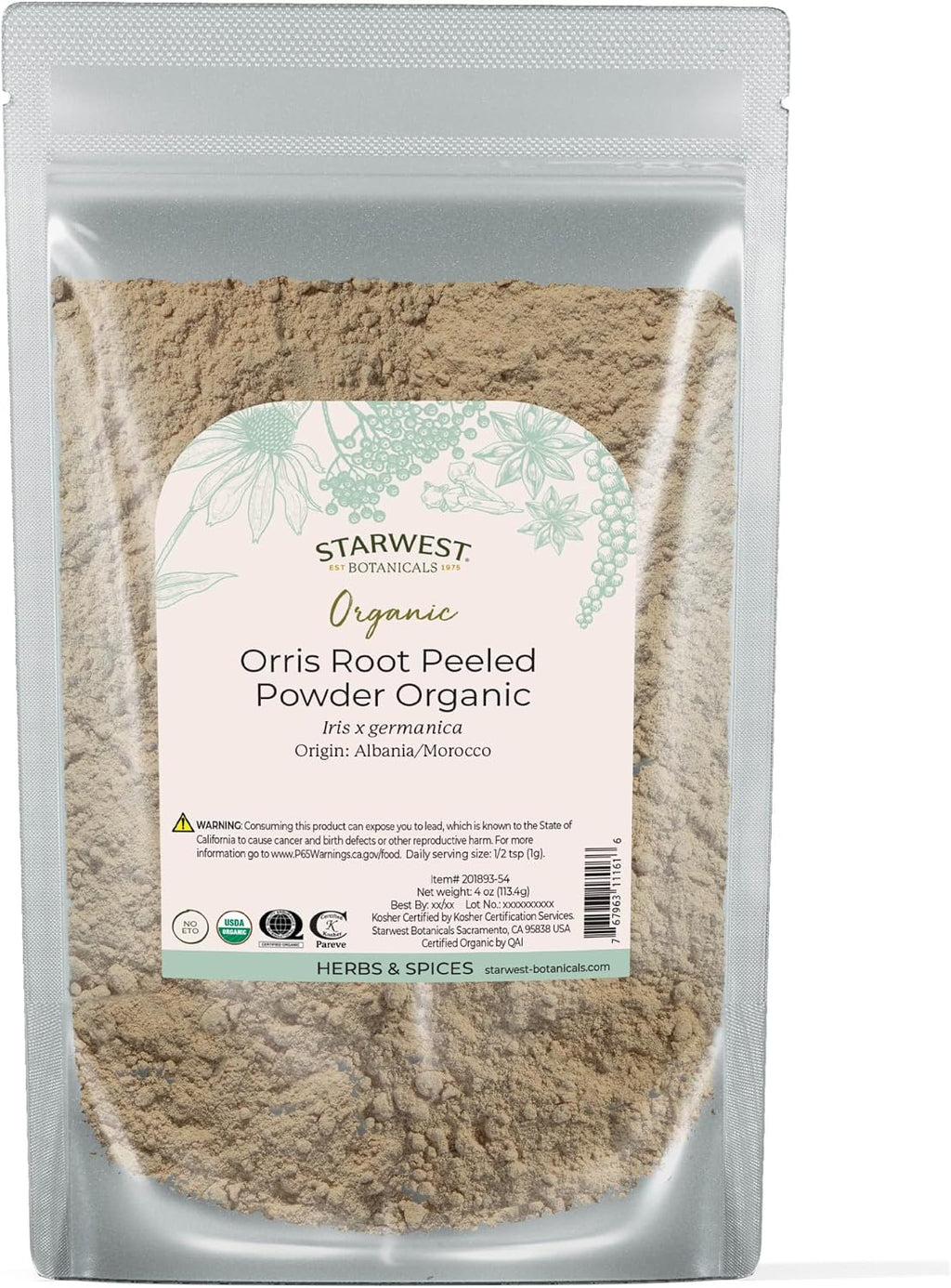 Starwest Botanicals Organic Orris Root Peeled Powder - Natural Botanical for Potpourri, Scented Crafts, & Herbal Blends, Sweet & Floral Aroma, Certified Kosher, Non-GMO - 4 oz Pouch