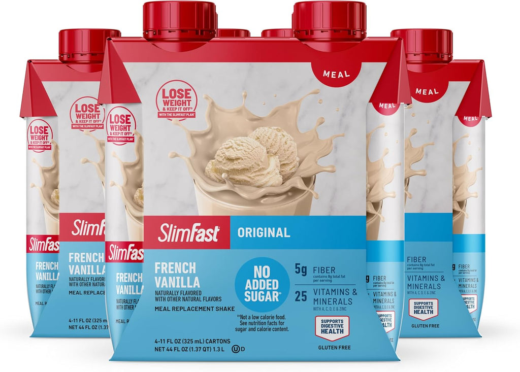 SlimFast Meal Replacement Shake, Original French Vanilla, No Added Sugar, Meal Replacement Shakes, 10g Ready to Drink Protein, 5g Fiber, 25 Vitamins and Minerals, 11 Fl. Oz, 12 Count