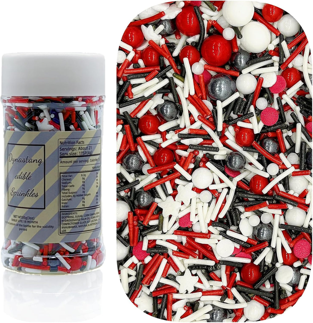 Dynastang Red & White & Black Sprinkles Mixed Style Edible Cake Decorations Cupcake Toppers Cookie Perfect for Cakes, Cupcakes, Desserts Toppings 3OZ