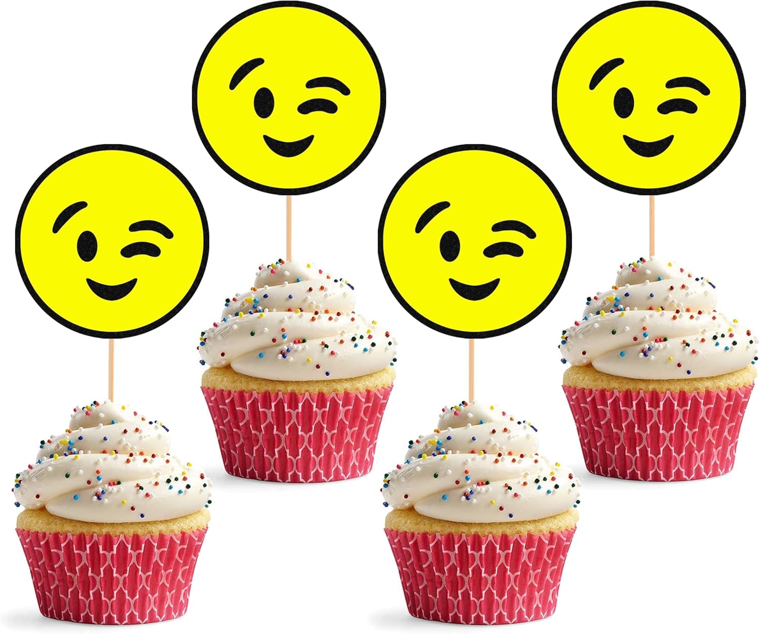 Emoji Cupcake Topper - 24Pack Yellow Winking Face Cupcake Picks, 1st Birthday Cupcake Decor (Winking Face)