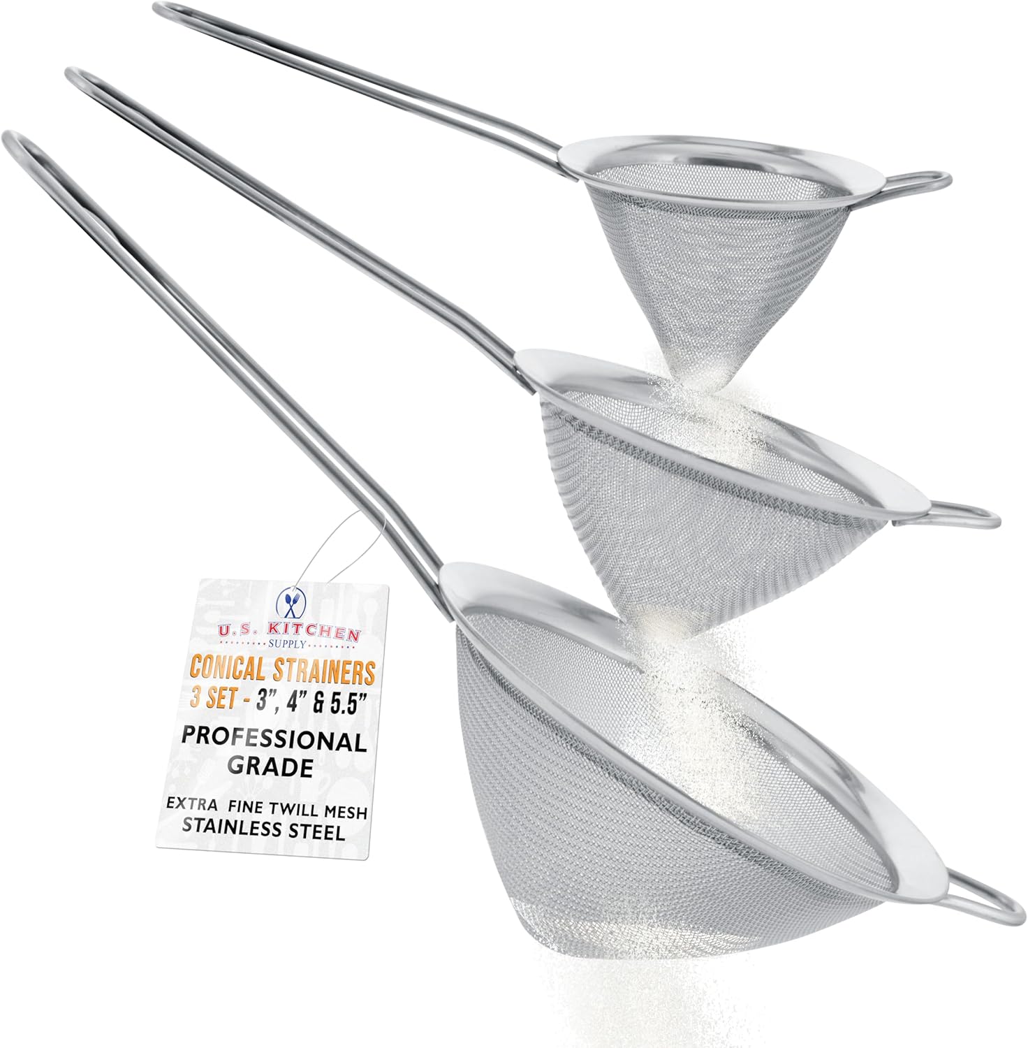 U.S. Kitchen Supply Set of 3 Stainless Steel Conical Strainers - 3", 4" & 5.5" Sizes - Chinois Style, Extra Fine Twill Mesh Sieve, Stainless Steel Strainers and Colanders for Kitchen