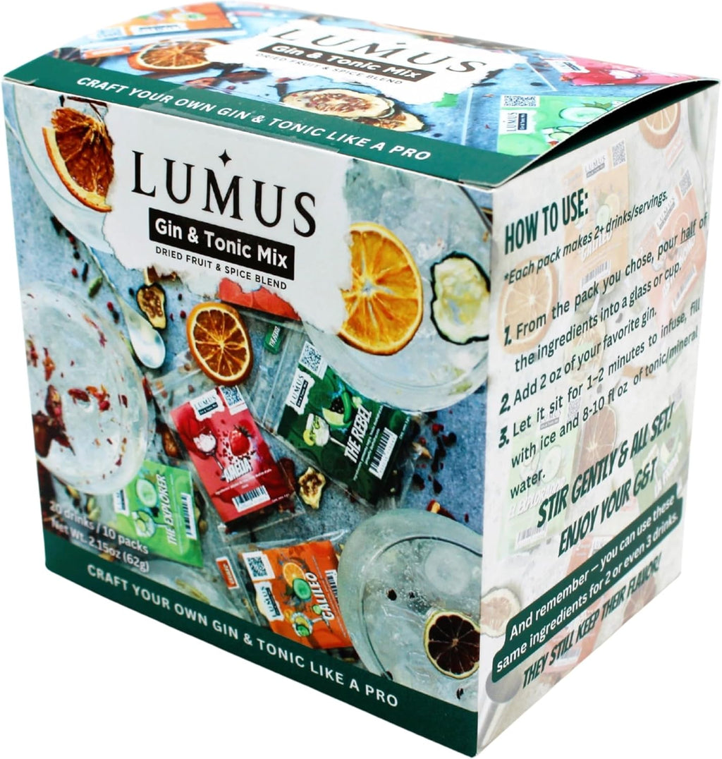 Lumus Gin & Tonic Mix. The perfect cocktail infusion DIY kit mix. 20+ Gin & Tonic servings, 5 delicious recipes to enjoy and share, idealfor home and gifts.