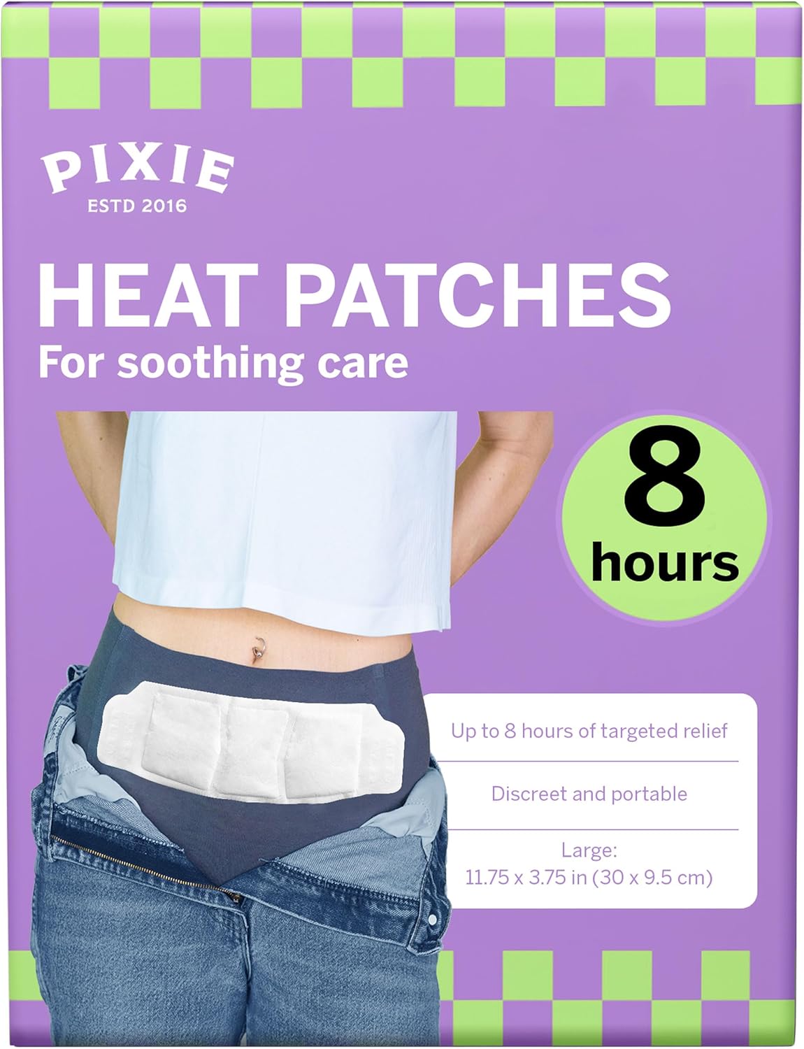 Pixie Large Period Cramps Menstrual Pain Relief Heat Patches for Feminine Care - Lower Abdominal & Back Ache Therapy - Up to 8 Hours - 3 Count Discreet Disposable Heat Pads