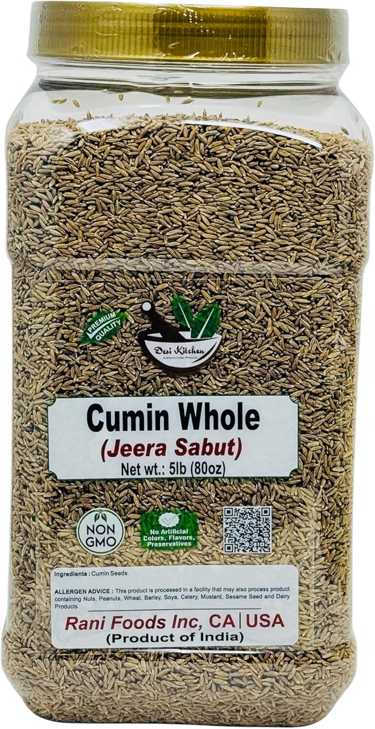 Desi Kitchen Cumin Seeds Whole (Jeera) Spice 5lbs (80oz) 2.27kg Bulk, PET Jar ~ All Natural, NON-GMO, Vegan, Indian Origin