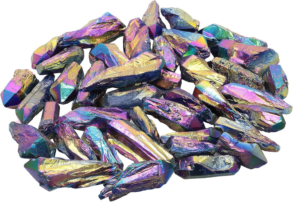 TUMBEELLUWA 1LB Titanium Coated Raw Rock Crystal Points Bulk Irregular Rough Quartz Stone Wands Kit Without Drilled, Colorful