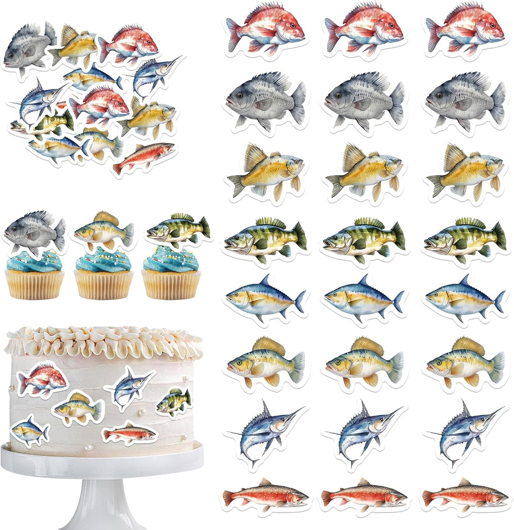 56PCS Edible Fishing Cupcake Toppers Fishing Party Decorations for Baby Shower Birthday Party Supplies Summer Outdoor Fishing Party Supplies