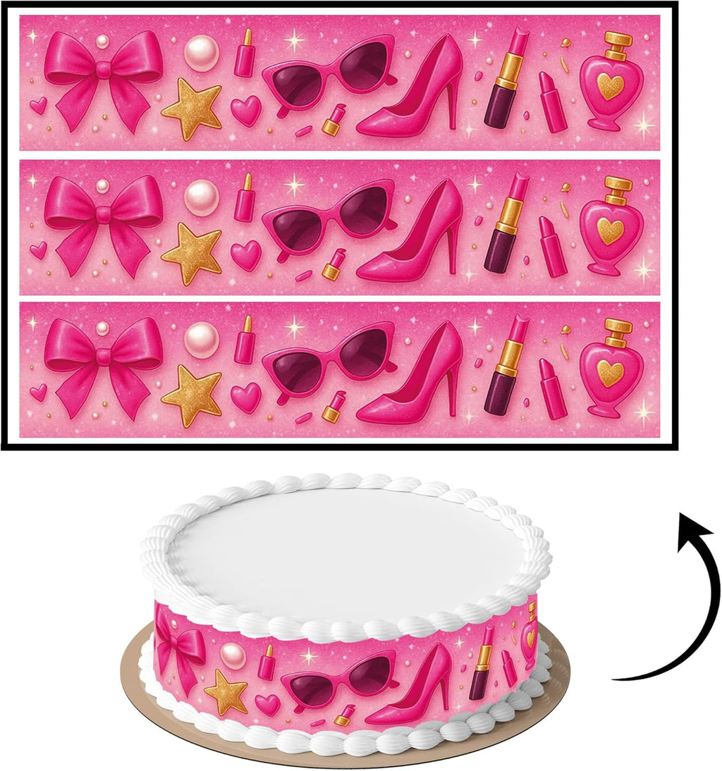 3 pcs Fashion Doll Girl Pink Cake Strips Edible birthday cake strips, cake side borders, Icing Sheets 2.7X11.8