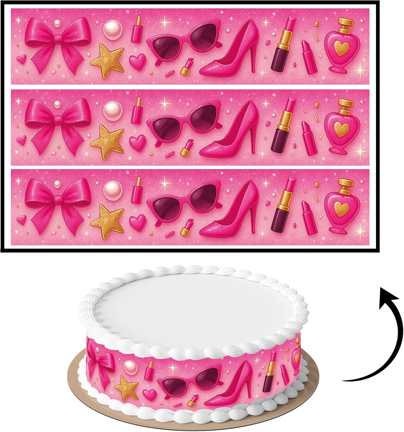 3 pcs Fashion Doll Girl Pink Cake Strips Edible birthday cake strips, cake side borders, Icing Sheets 2.7X11.8