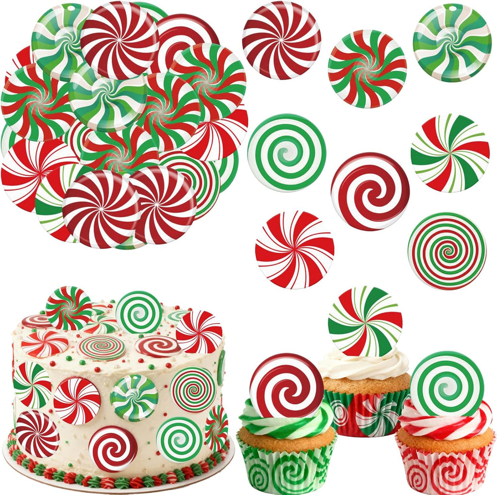 36PCS Edible Christmas Candy Cupcake Toppers Wafer Paper Lollipop Garland Cupcake Decor Edible Candy Dessert Picks for Christmas Theme Party Baby Shower Birthday Decor Supplies
