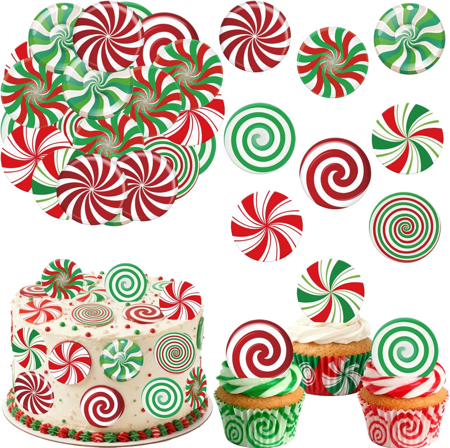 36PCS Edible Christmas Candy Cupcake Toppers Wafer Paper Lollipop Garland Cupcake Decor Edible Candy Dessert Picks for Christmas Theme Party Baby Shower Birthday Decor Supplies