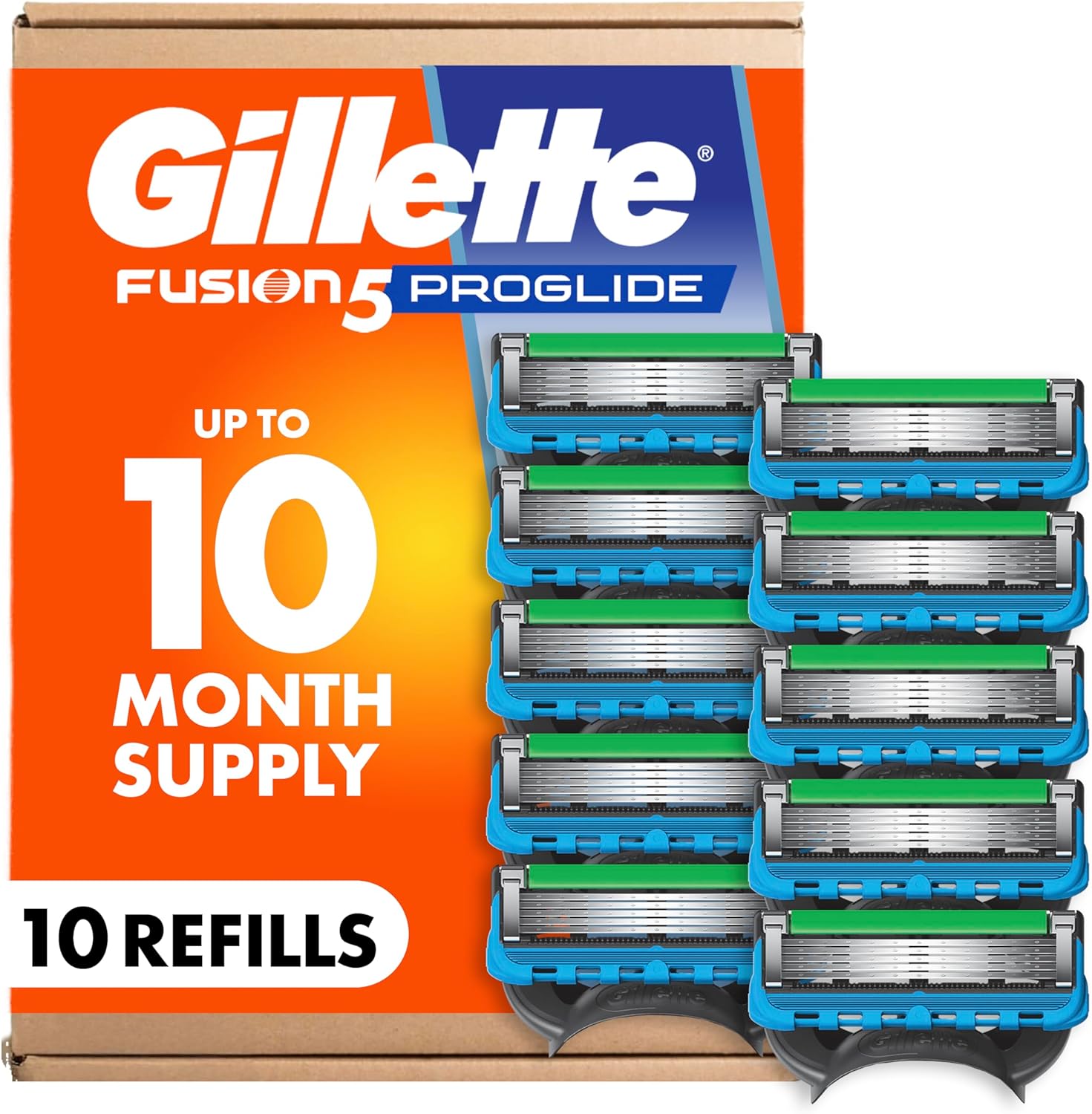 Gillette Fusion5 ProGlide Razor Refills for Men, 10 Razor Cartridges for FlexBall Razor Handle, 5-Blade Razor Blades, Precision Trimmer for Men