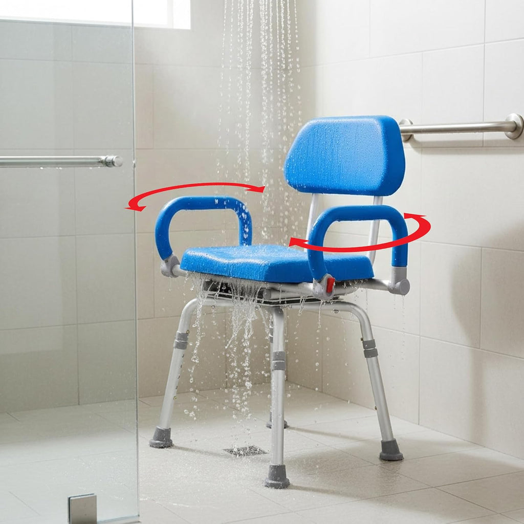Revolution Pivoting Shower Chair for Bathtub, Adjustable Swivel Seat with Padded Back and Arms, Adjustable Space Saving Design for Tubs, Shower, for Elderly, Handicap & Seniors, Blue