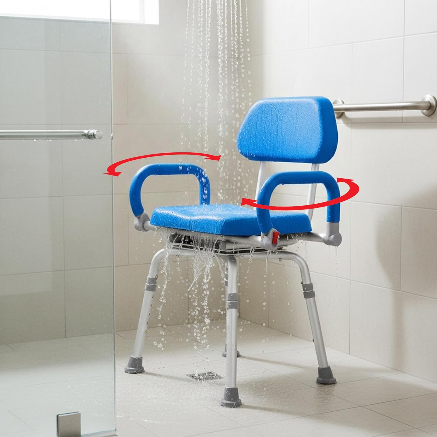 Revolution Pivoting Shower Chair for Bathtub, Adjustable Swivel Seat with Padded Back and Arms, Adjustable Space Saving Design for Tubs, Shower, for Elderly, Handicap & Seniors, Blue