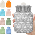 Amylove Mini Hot Water Bottle with Knitted Cover 320ml, Mother's Gift Water Bag for Women, Microwave Heating Bottle for Pain Relief Menstrual Cramps Travel(Gray)