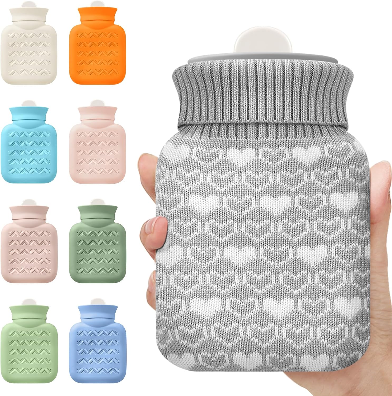 Amylove Mini Hot Water Bottle with Knitted Cover 320ml, Mother's Gift Water Bag for Women, Microwave Heating Bottle for Pain Relief Menstrual Cramps Travel(Gray)