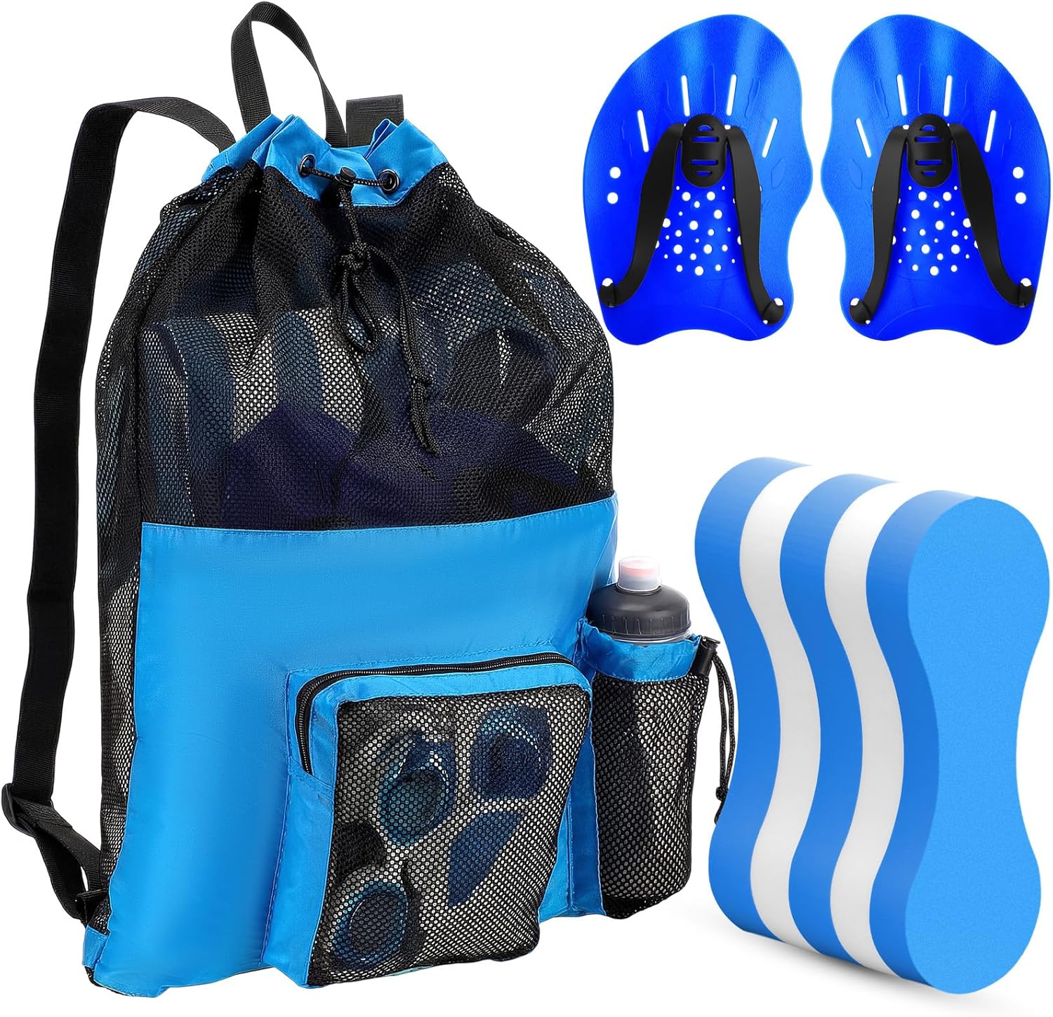 4 Pcs Swim Training Pull Buoy Hand Paddles Set Include 1 Big Mesh Backpack 1 Buoy 2 Hand Paddles with Adjustable Straps Swim Training Equipment Kit for Adults