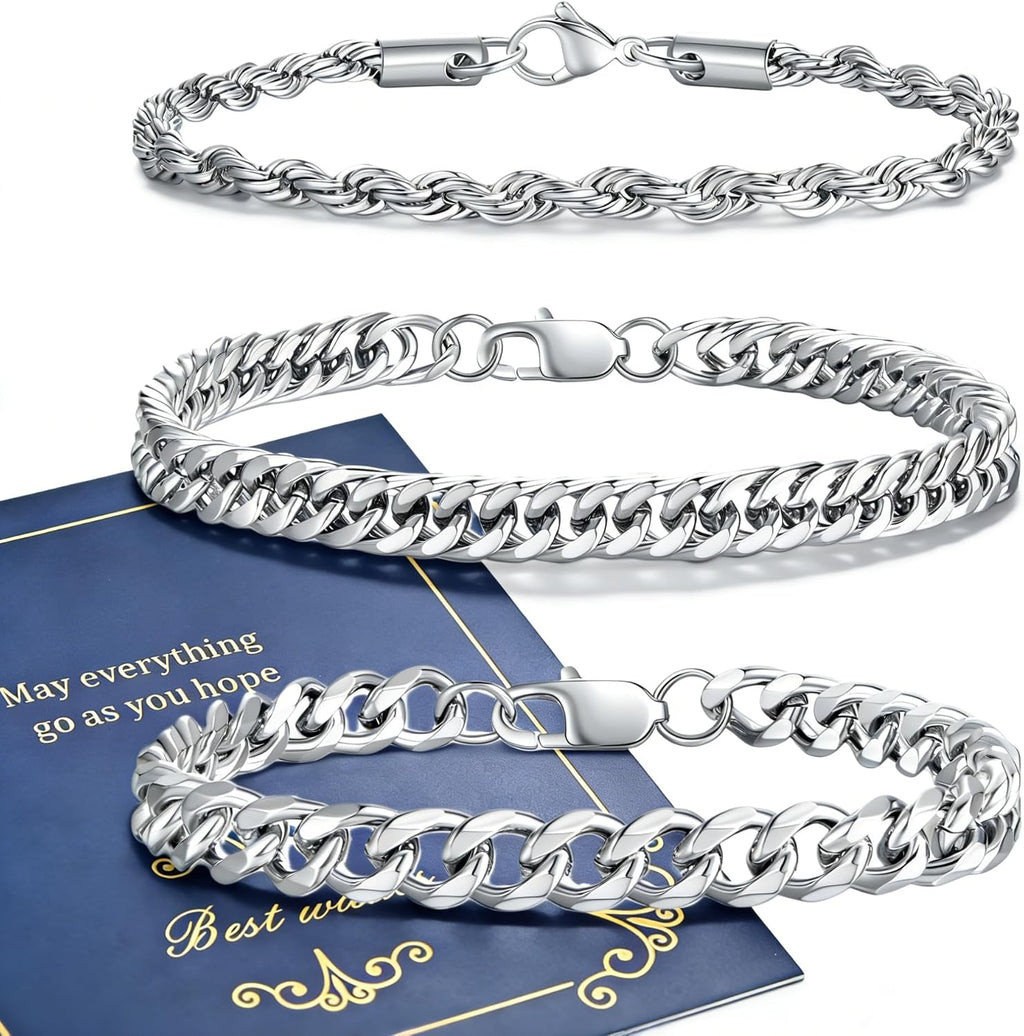 Stainless Steel Bracelets for Men, Gold/Silver Mens Chain Bracelet 7.5/8.3/9 Inches Mens Stainless Steel Cuban Link Bracelets Set 3Pcs (Include Card)
