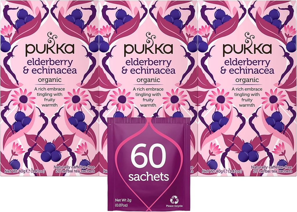 Pukka Organic Tea Bags, Elderberry & Echinacea Herbal Tea, Perfect for Wellness Support, 20 Count (Pack of 3) 60 Tea Bags