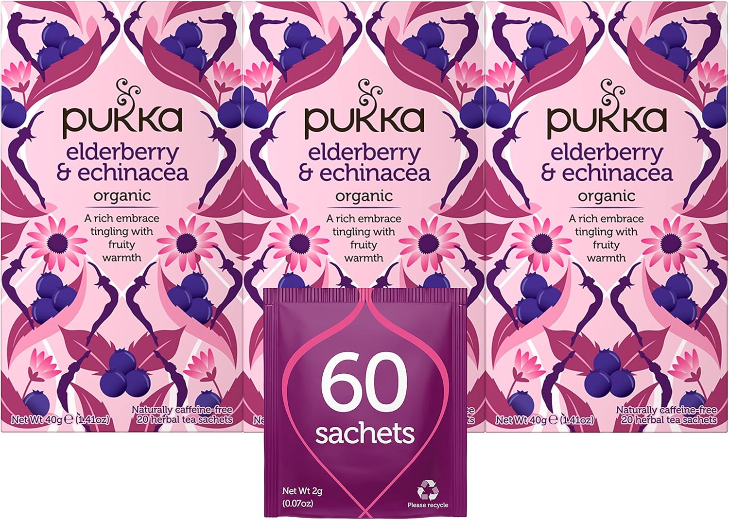 Pukka Organic Tea Bags, Elderberry & Echinacea Herbal Tea, Perfect for Wellness Support, 20 Count (Pack of 3) 60 Tea Bags