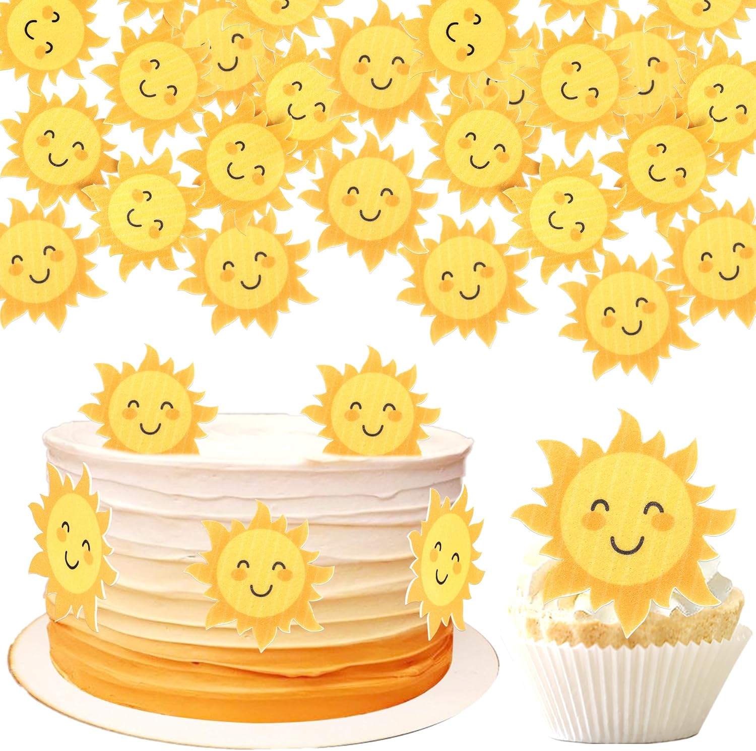 60 PCS Edible Sun Cupcake Toppers Wafer Paper Sunflower Smile Face Cupcake Picks Edible SunShine Cupcake Decorations for Baby Shower Kids Boys Girls Birthday Wedding Party Cake Decorations Supplies
