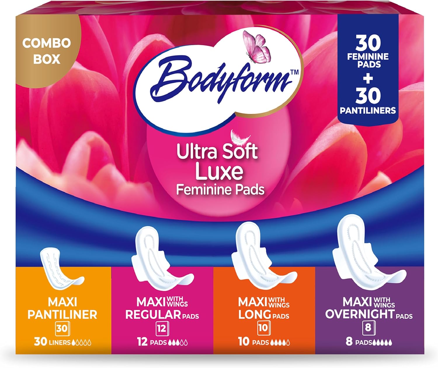 Bodyform Luxe Feminine Care Value Combo Pack, Variety Pack, Cushion-Soft & Ultra-Absorbent, Daily Freshness & Protection (60 Count)